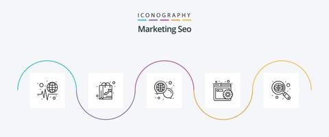 marknadsföring seo linje 5 ikon packa Inklusive granska. hemsida. tycka om. inställningar. meddelande vektor