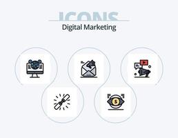 digital marknadsföring linje fylld ikon packa 5 ikon design. mål. Rapportera. chatt. Sök. innehåll vektor