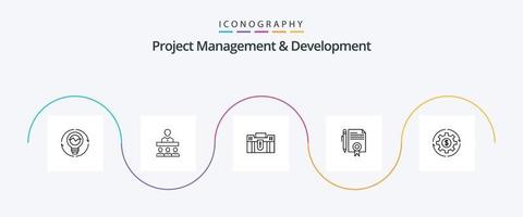 Projektmanagement und Entwicklungslinie 5 Icon Pack inklusive Reisen. Portfolio. Team. halten. Geschäft vektor