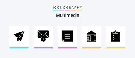 Multimedia Glyph 5 Icon Pack inklusive . Werbung. Liste. kreatives Symboldesign vektor