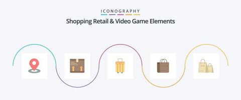 Einkaufen von Einzelhandels- und Videospielelementen Flat 5 Icon Pack einschließlich . Geschäft. Tasche . Einkaufen. Tasche vektor