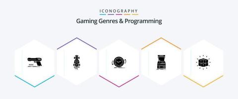 gaming genrer och programmering 25 glyf ikon packa Inklusive spel. arkad. tävlings. tid. medurs vektor