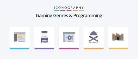 Gaming-Genres und Programmier-Flat-5-Icon-Pack inklusive Emblem. Software. Spiel. Entwickler. App. kreatives Symboldesign vektor