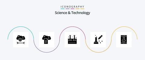 vetenskap och teknologi glyf 5 ikon packa Inklusive mikrobiologi. kemisk testa. uppkopplad docs. testa rör. labb flaska vektor