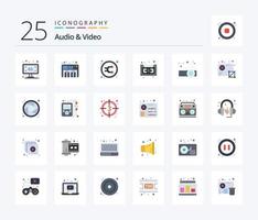 Audio- und Video-Icon-Pack mit 25 flachen Farben, einschließlich Präsentation. Recorder. mischen. Musik. Audio- vektor