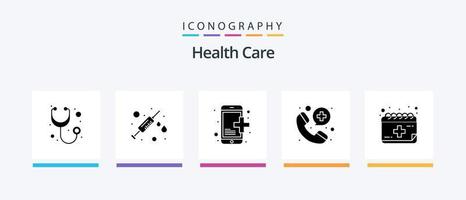 hälsa vård glyf 5 ikon packa Inklusive kalender. app. sjukhus. ringa upp. kreativ ikoner design vektor