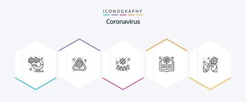Coronavirus 25 Line Icon Pack inklusive Wissenschaftler. Buch. Virus. Bakterien. Übertragung vektor