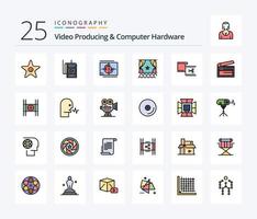 Videoproduktion und Computerhardware 25 Zeilen gefülltes Icon Pack inklusive Bearbeitung. schneiden. Premiere. Clip. Leistung vektor