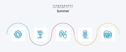 sommar blå 5 ikon packa Inklusive kamera. sommar. sugrör. is grädde. sommar vektor