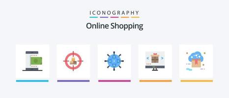 Online-Shopping Flat 5 Icon Pack inklusive Internet. besorgen. Ziel. weltweit. Geld. kreatives Symboldesign vektor