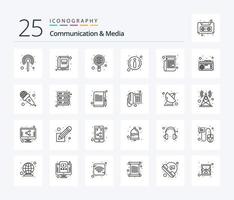 kommunikation och media 25 linje ikon packa Inklusive tidning. information. spela in. info. klot vektor