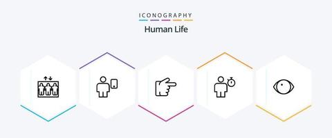 mänsklig 25 linje ikon packa Inklusive ansikte. timer. finger. prestanda. kropp vektor