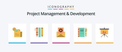 projekt förvaltning och utveckling platt 5 ikon packa Inklusive anteckningsbok. skiss anteckningsbok . stationär. integration. data integration. kreativ ikoner design vektor