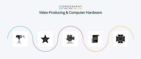 Videoproduktion und Computerhardware Glyph 5 Icon Pack inklusive Beleuchtung. Szenario. Kamera. Roman. Fachmann vektor