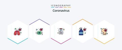 Coronavirus 25 Filledline-Symbolpaket einschließlich Gesundheitswesen. Virus Schutz. Gesundheitsdiagramm. Feuchtigkeitscreme. Handwäsche vektor