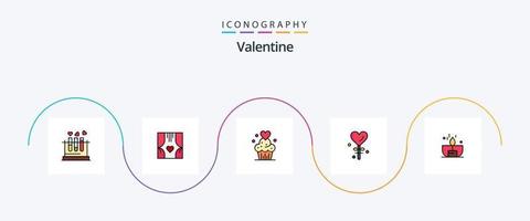 Valentinslinie gefülltes flaches 5-Icon-Pack einschließlich Valentinstag. Herz. Liebe. Süßigkeiten. Muffins vektor
