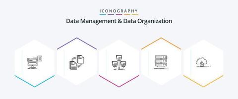 Datenmanagement und Datenorganisation 25-Zeilen-Icon-Pack inklusive Rack. Server. dokumentieren. Computer. Verbindung vektor