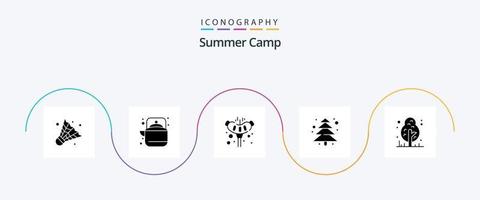 sommar läger glyf 5 ikon packa Inklusive djungel. camping. kött. camping. växt vektor
