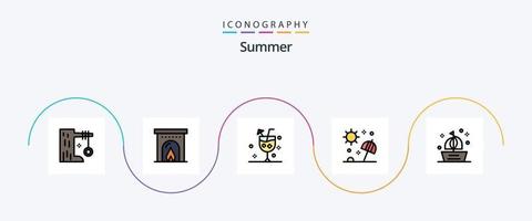 Sommerlinie gefülltes Flat 5 Icon Pack inklusive Reisen. Meer. Strand. Sonnenschirm. Glas vektor