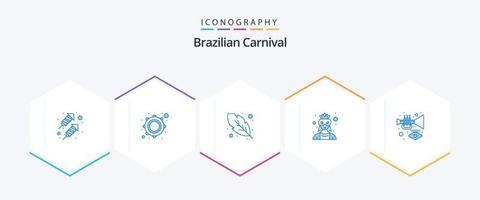 Brasilianischer Karneval 25 blaues Icon Pack inklusive Trompete. Musik. Feder. Instrument. Charakter vektor