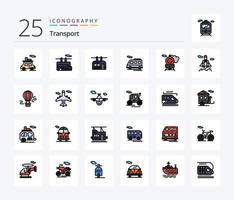 transport 25 linje fylld ikon packa Inklusive luft. Plats. buss. raket. tåg vektor