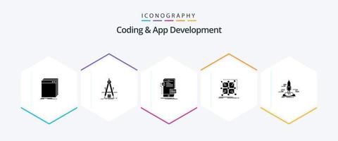 kodning och app utveckling 25 glyf ikon packa Inklusive app. data. förfining. utvecklaren. mobil vektor