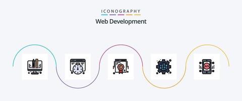 Webentwicklungslinie gefülltes flaches 5-Icon-Paket einschließlich Online. Kodierung. Qualität. Globus. Schnittstelle vektor