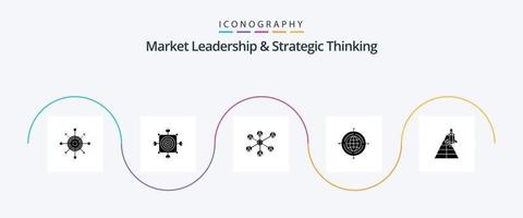 marknadsföra ledarskap och strategisk tänkande glyf 5 ikon packa Inklusive lansera. flygplan. grupp. station. ansluten vektor