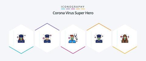 Corona-Virus-Superheld 25 Filledline-Icon-Pack inklusive Militär. Armee. männlich. männlich. Offizier vektor