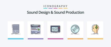 ljud design och ljud produktion linje fylld 5 ikon packa Inklusive spela in. kassett. utrustning. studio. mixer. kreativ ikoner design vektor