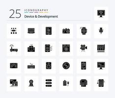 Gerät und Entwicklung 25 Solid-Glyphen-Icon-Pack einschließlich Handuhr. Bild. Handy, Mobiltelefon . Bild. Kamera vektor