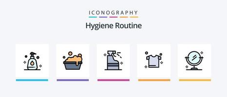 hygien rutin- linje fylld 5 ikon packa Inklusive . papper. kopp. rengöring. rengöringsmedel. kreativ ikoner design vektor