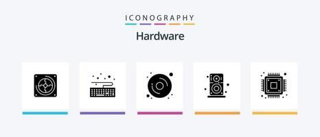 Hardware Glyph 5 Icon Pack inklusive . Hardware. Scheibe. Chip. Spieler. kreatives Symboldesign vektor