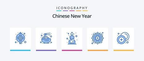 chinesisches neues jahr blau 5 icon pack inklusive münze. Kasse. Kerze. schöne Blume. dekorativ. kreatives Symboldesign vektor