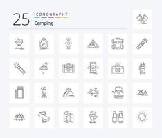 Camping 25-Zeilen-Icon-Pack inklusive Campingplatz. Camping. Standort. Zelt. Urlaub vektor