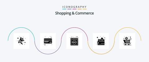 Einkaufs- und Handelsglyphen-5-Icon-Pack einschließlich Kreuzabbruch. globale Logistik. Webseite. weltweite Lieferung. Geldbeutel vektor