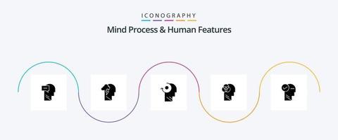 Mind Process und Human Features Glyph 5 Icon Pack inklusive Kopf. Kopf. klar. intelligent. menschliche Intelligenz vektor