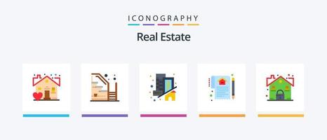 verklig egendom platt 5 ikon packa Inklusive egendom. handla. byggnad. hus. dokumentera. kreativ ikoner design vektor