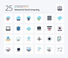 Netzwerk- und Cloud-Computing 25 flache Farbsymbolpakete inklusive Download. Wolke. Aktualisierung. Lagerung. Daten vektor
