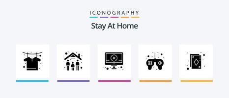 Bleib zu Hause Glyph 5 Icon Pack inklusive Karten. Spielkontrolle. online. Zeit. Spiel. kreatives Symboldesign vektor