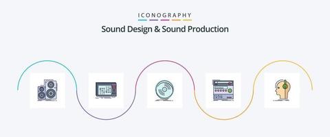 ljud design och ljud produktion linje fylld platt 5 ikon packa Inklusive modul. kuggstång. musik. vinyl. fonograf vektor