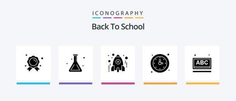 Back to School Glyph 5 Icon Pack inklusive Uhr. Zeit. Ausbildung. Schule. lernen. kreatives Symboldesign vektor