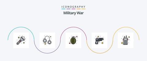 militärische Kriegslinie gefülltes flaches 5-Icon-Pack einschließlich Talkie. Waffe. Bombe. Revolver. Pistole vektor