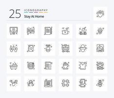 Bleib zu Hause 25-Zeilen-Icon-Pack inklusive Pflanze. ausruhen. Inhalt. schlafen. Kopfkissen vektor