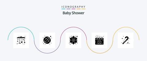 bebis dusch glyf 5 ikon packa Inklusive . leksak. blommor. godis sockerrör. moderskap vektor