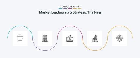 marknadsföra ledarskap och strategisk tänkande linje 5 ikon packa Inklusive klot. Plats hantverk. pengar. flygplan. Plats vektor