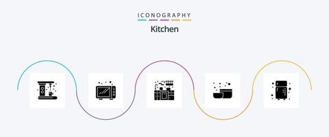 Kitchen Glyph 5 Icon Pack inklusive . Kühlschrank. Küche. Küche. Werkzeug vektor