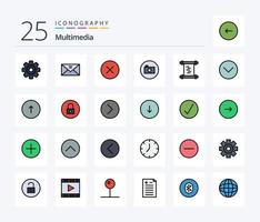 Multimedia-Icon-Pack mit 25 Zeilen gefüllt, einschließlich Verlauf. Media Player. Multimedia. Medien. Multimedia vektor