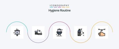 Hygiene-Routine-Linie gefülltes flaches 5-Icon-Pack inklusive Bad. Reinigung. Dusche. Flasche. Toilette vektor