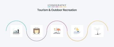 turism och utomhus- rekreation platt 5 ikon packa Inklusive dryck. glas. strand. fartyg. fartyg vektor